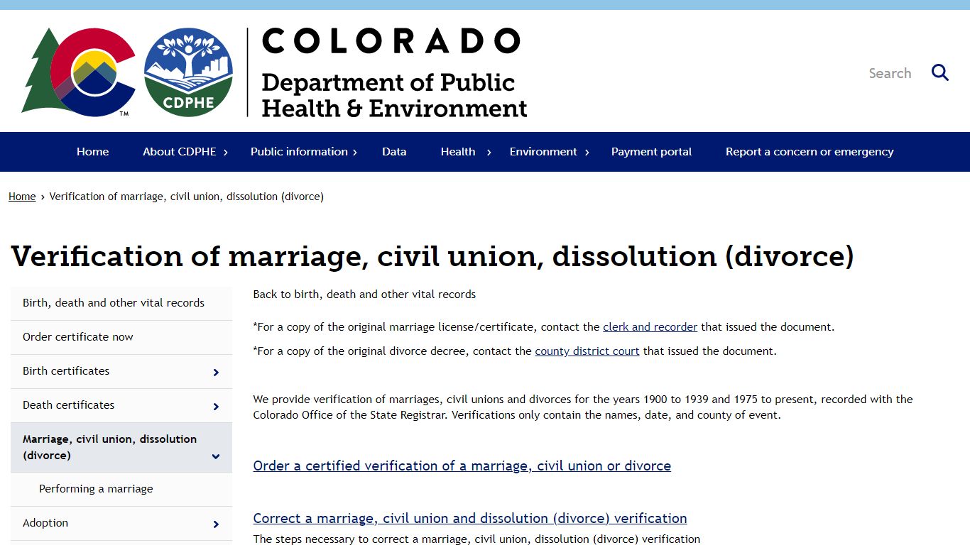 Verification of marriage, civil union, dissolution (divorce)
