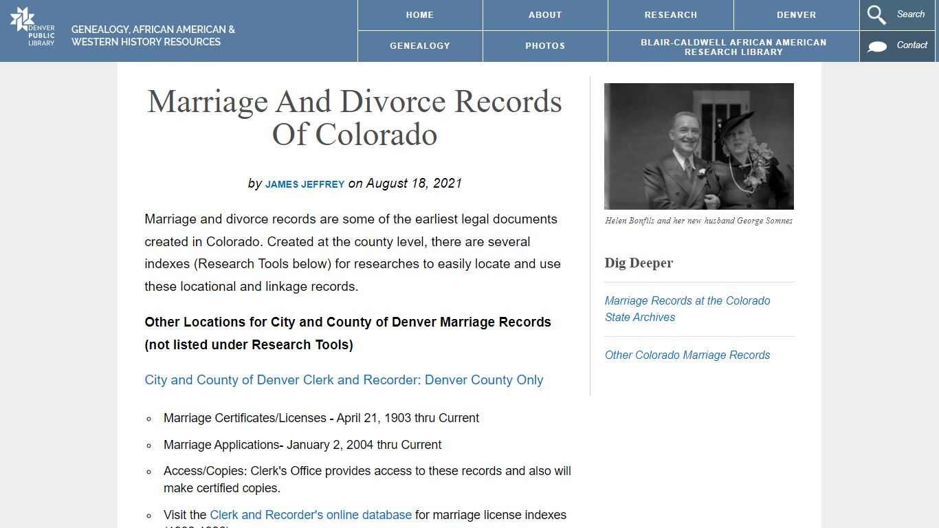 Marriage and Divorce Records of Colorado - Denver Public Library History